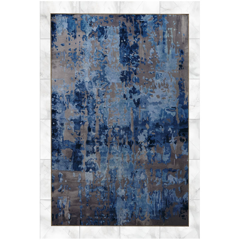 Tapis décoratif moderne à motif abstrait bleu et gris lavable à la machine
