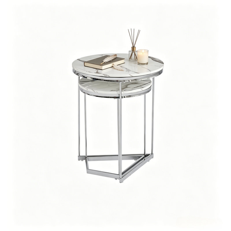 Coffee Table, Round White Marble Set of 2