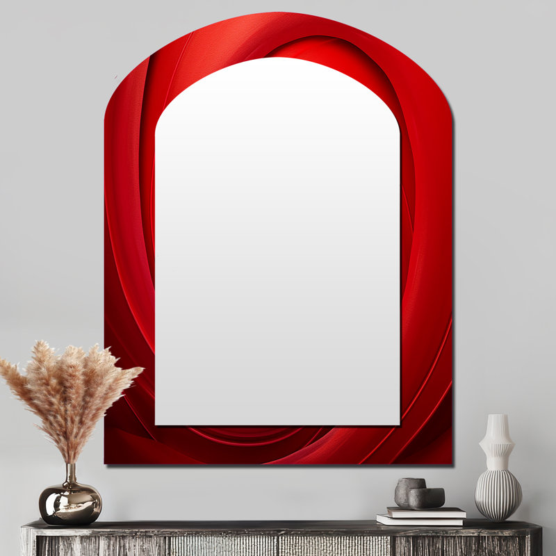 Red Perpetual Pulse Vortex I - miroir mural décoratif asymétrique à spirales abstraites, 43 po x 33 po
