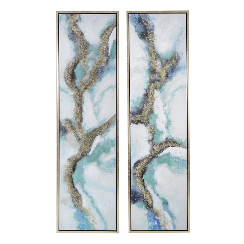 Tall Blue and Gold Abstract Canvas Wall Art Set