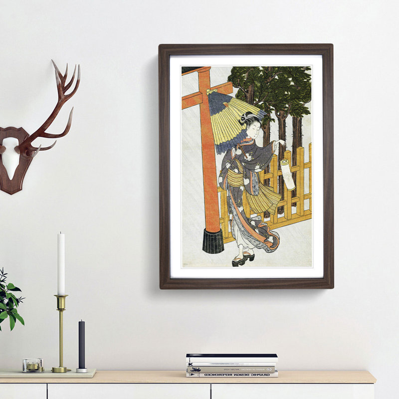 Woman Visiting the Shrine by Harunobu Suzuki - Picture Frame Painting Print, 36cm H x 27cm W x 2cm D, Walnut Framed