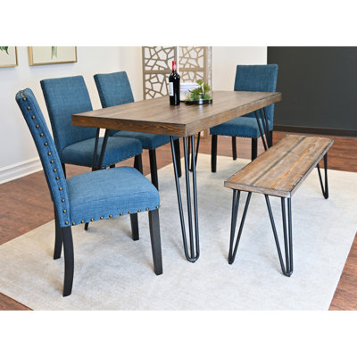 6 ensembles de salle à manger: table en épingle recouverte de tissu, 4 chaises et banc, surface en pin foncé, rectangulaire, sièges 6 dans la pièce 6: apparence du siège rembourré, pour