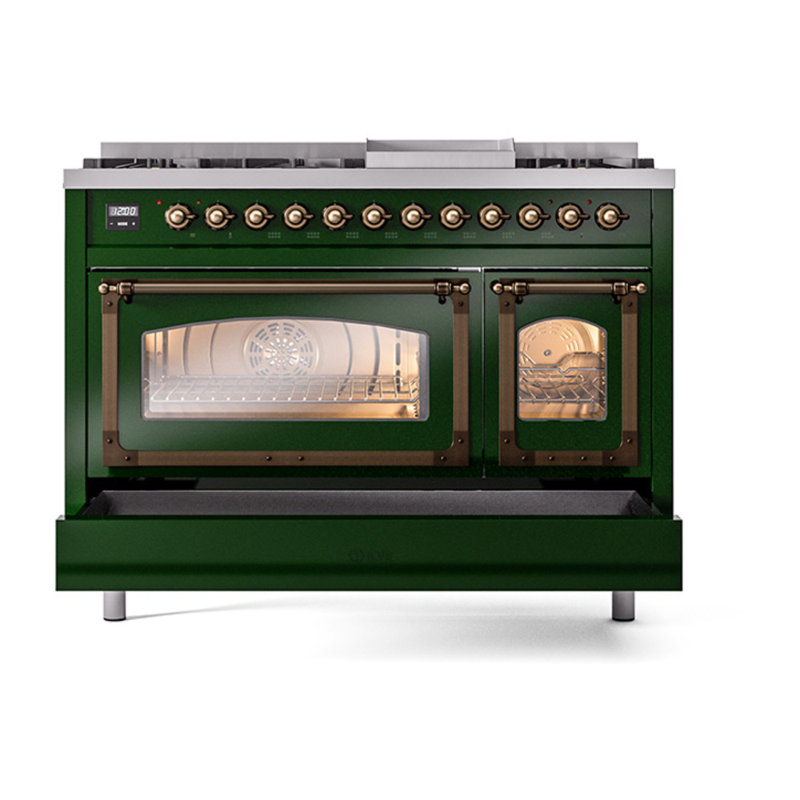ILVE UN48FNMPEGG Nostalgie II Noblesse 48 inch Dual Fuel Range (8 Sealed Burners + Griddle, Triple Glass Door), Emerald Green