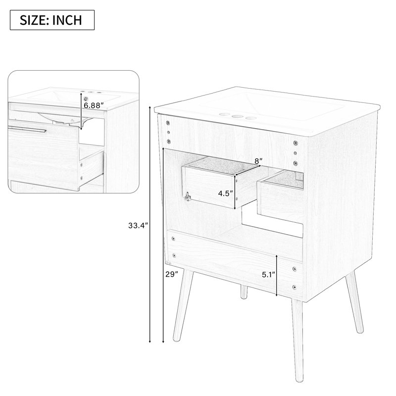  Armoire de meuble-lavabo 24 po avec tiroir en MDF multifonctionnel naturel