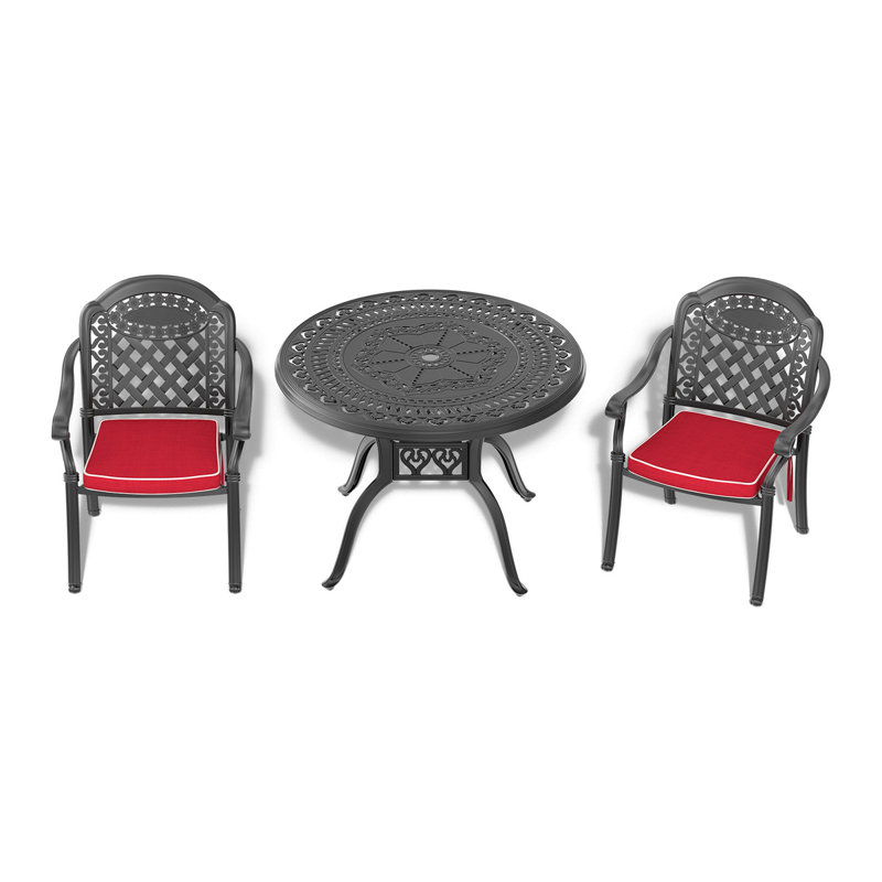 3-Piece Set Of Cast Aluminum Patio Furniture With Red Cushions, 2