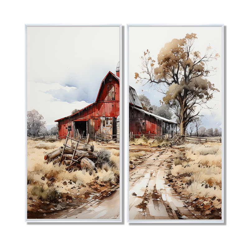 Farmstead Lnadscape III - ensemble de 2 impressions sur toile rouges, H 20 po x l 24 po, Blanc