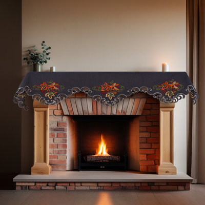 Decozen Charcoal Gray Mantel Scarf with Cutout Embroidery for Fireplace, Table Styling, and Christmas Decor