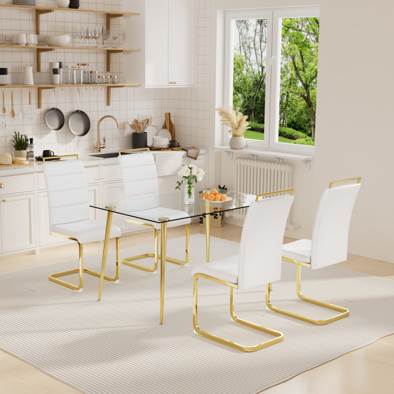 Leelou 4 - Person Four Leg Base Dining Set, White/Gold, Gold