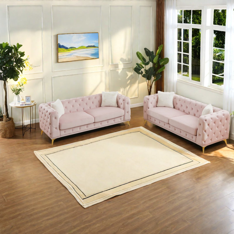 Compression Sofas Set, Pink Velvet Wood Frame Modern Home Living Room