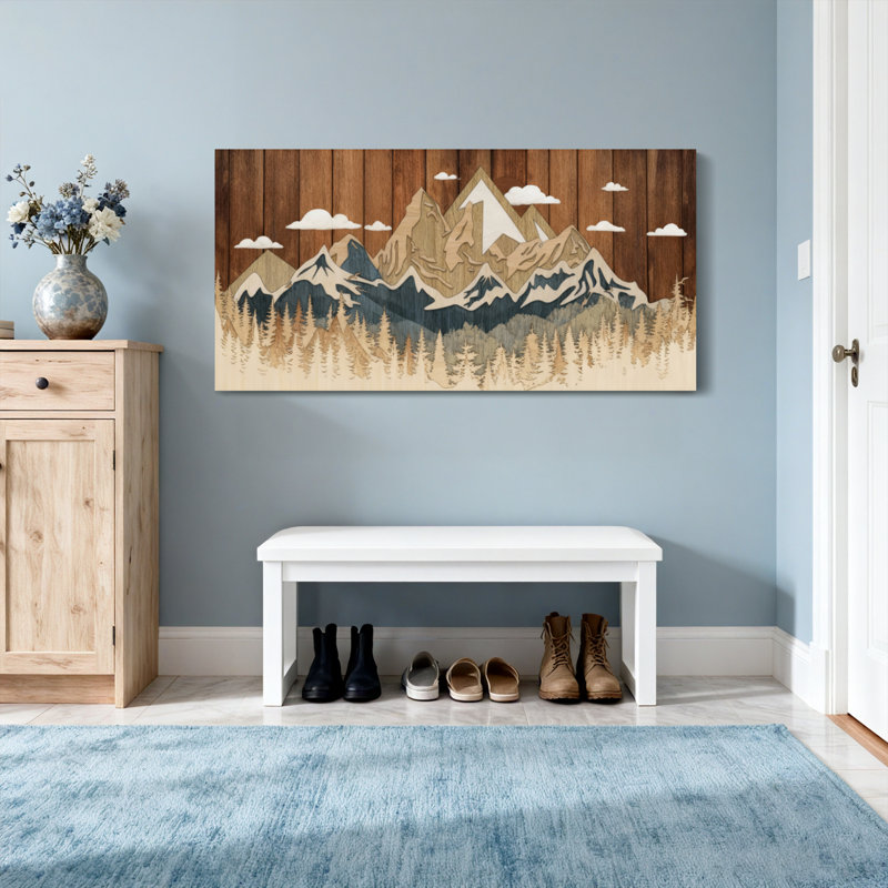 Paysage et nature, chaîne de montagnes, forêt, ciel, nuages, impression sur bois, H 28 po x l 58 po