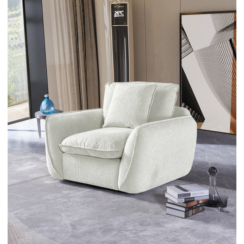 Upholstered 44" W Swivel Chair Accent Armchair Flared Arms, Down-Filled Deep Seat, Snow White Chenille