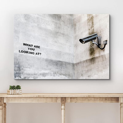 Pop Urban Street " IDEA4WALL Framed Canvas Print Wall Art Banksy Surveillance Camera On Wall Graffiti & Street Art Pop Culture Illustrations Pop Art Bohemian Dark For Living Room, Bedroom, Office "