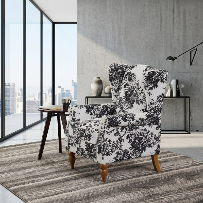 Fauteuil à oreilles Traditional, Antique White/Black Trees