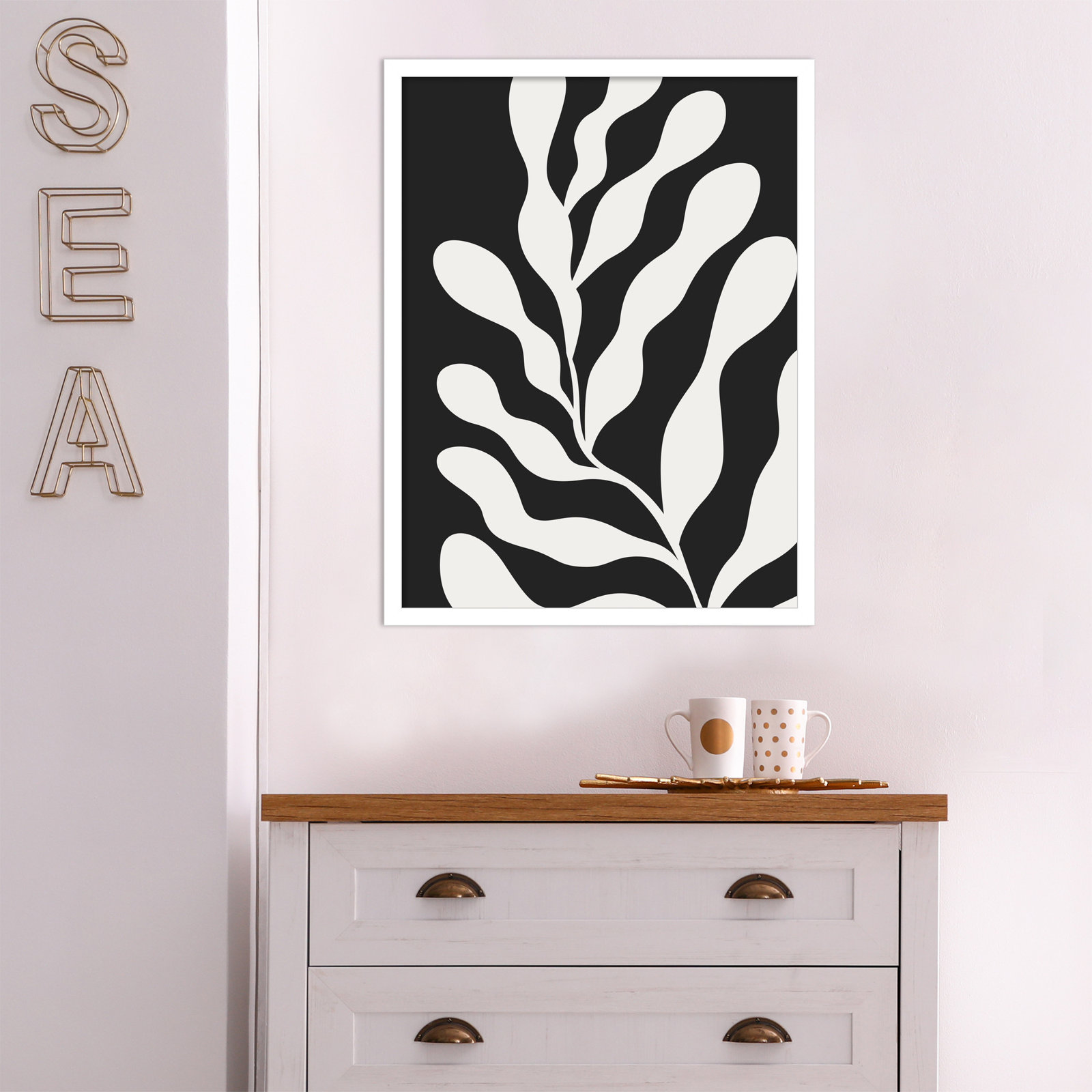 Retro Matisse Inspired Abstract Botanical 3 Black, White, 25" H x 19" W x 1" D