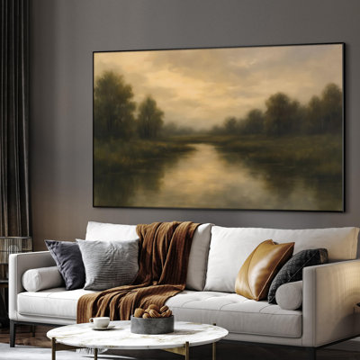 Très grande reproduction d'art sur toile - Crépuscule doré sur une rivière et des arbres, décoration pour le salon ou la chambre à coucher - «Assemblage requis du cadre (cadre non fini)»