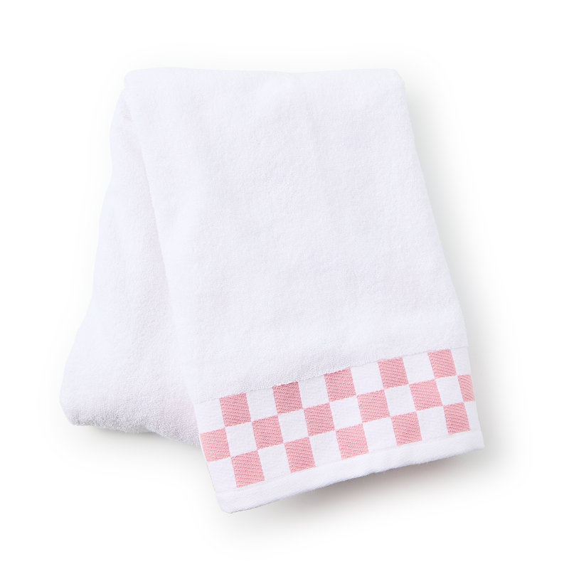 Bath Towel with Check Border, Pink/White