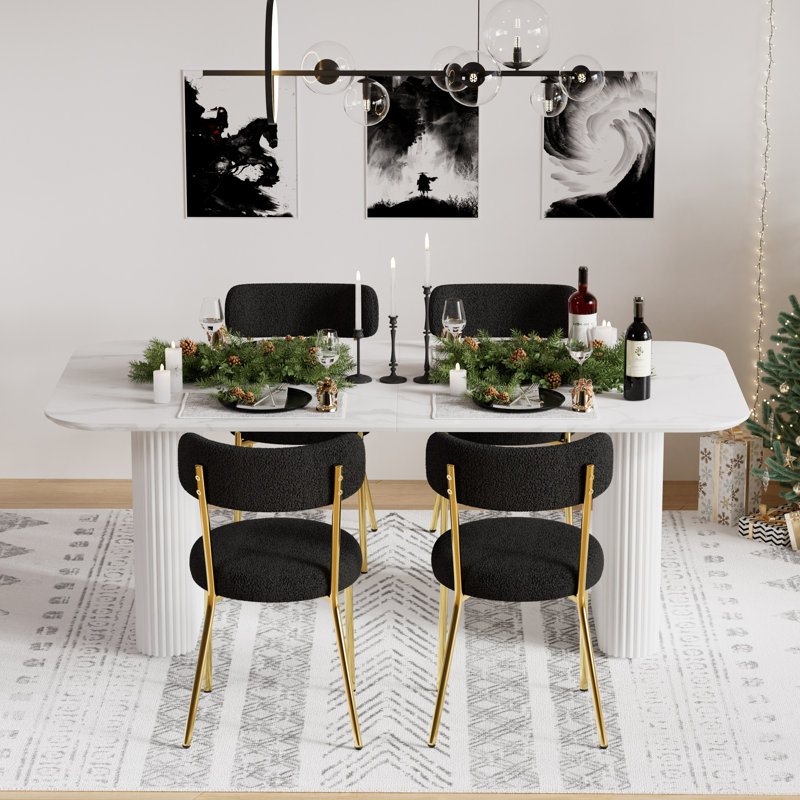 Ensemble de salle à manger rectangulaire à double piédestal avec table de salle à manger de style crème, Blanc, 5, Black/Gold