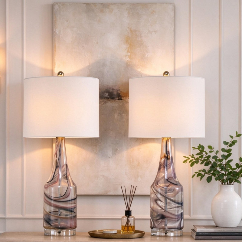 Ensemble de lampes de table décoratives en verre, base en cristal et abat-jour en lin doux, lampe d'appoint à intensité variable pour les espaces de vie intérieurs (sans ampoule incluse)