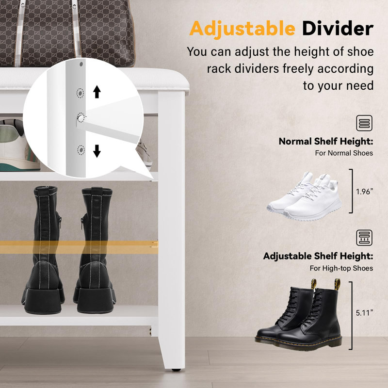 Rubberwood Shoe Bench Storage For Door Entrance Organizer with 3-Tiers Height Adjustable, 21.2" H x 47.2" W x 11.81" D