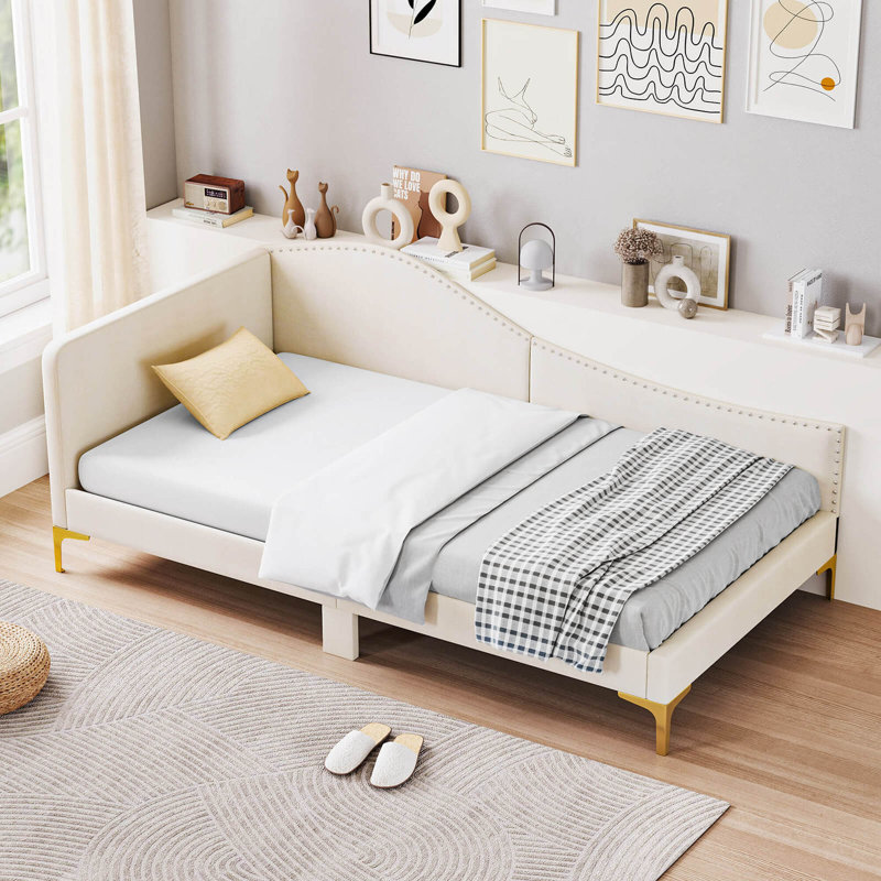 Upholstered Daybed Rivet-tufted Platform Bed With Metal Legs, Beige, Twin