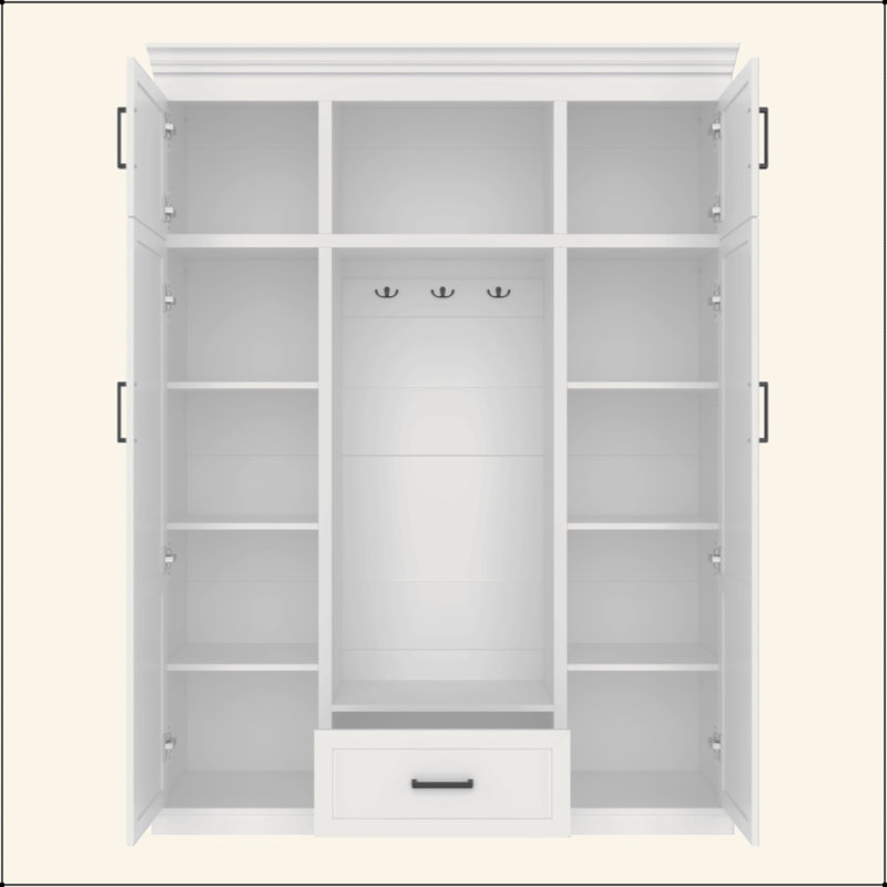 85.2''H Multifunctional Hall Tree – Bench, 3 Hooks, 4-Door Cabinet, 1 Drawer & Adjustable Shelves, Modern Entryway Storage Organizer for Entryway/Hallway/Living Room