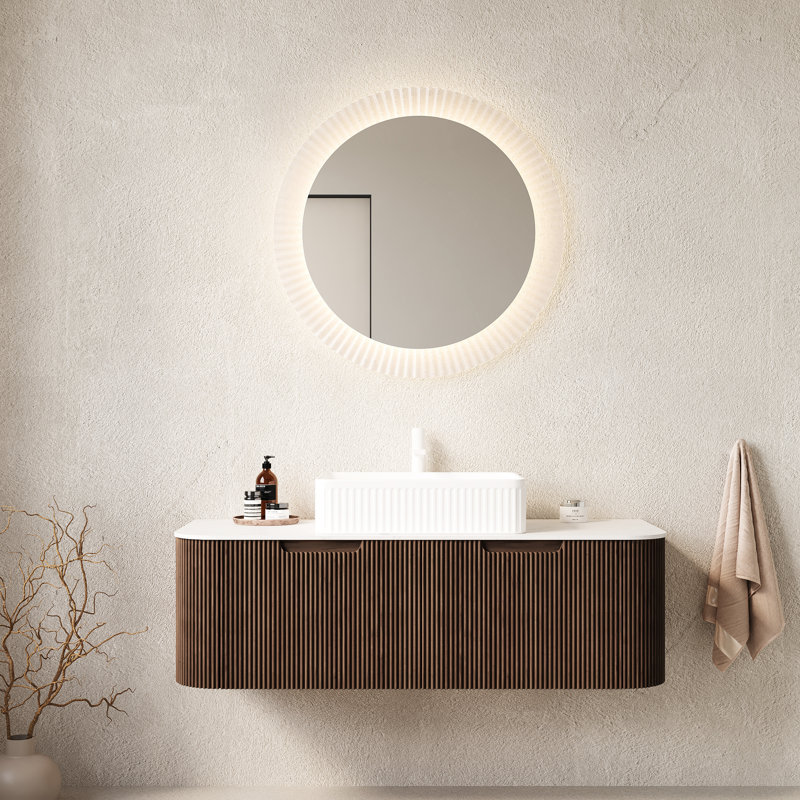 Meuble-lavabo 48 po, lavabo en céramique blanche, armoire rayée 3D noyer foncé, 2 tiroirs, rangement spacieux, comptoir, système de fermeture en douceur, pré-assemblé