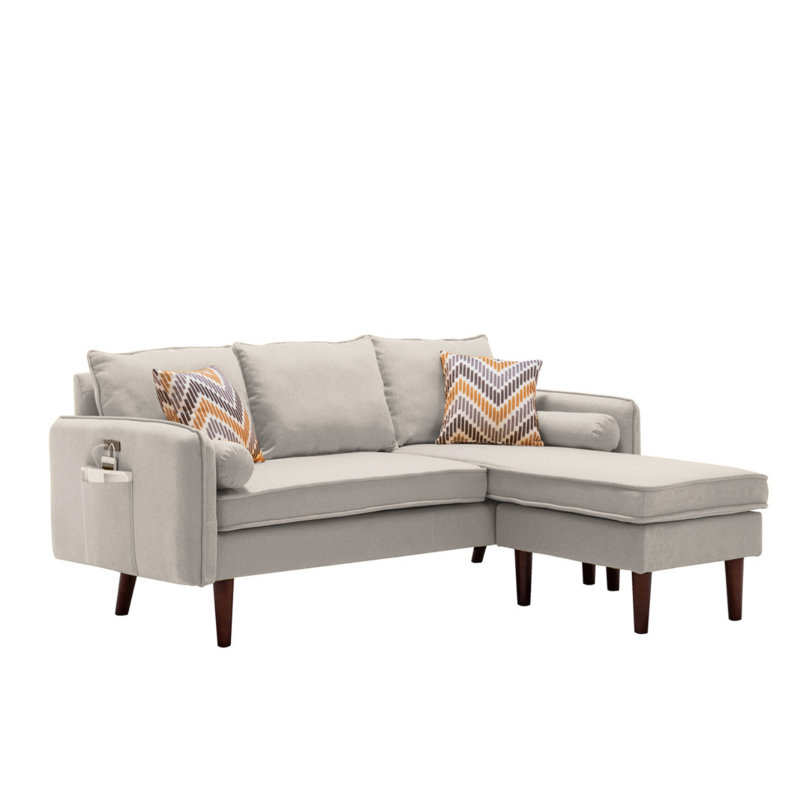 Mia 70"W Beige Sectional Sofa Chaise With USB Charger & Pillows, Beige Linen
