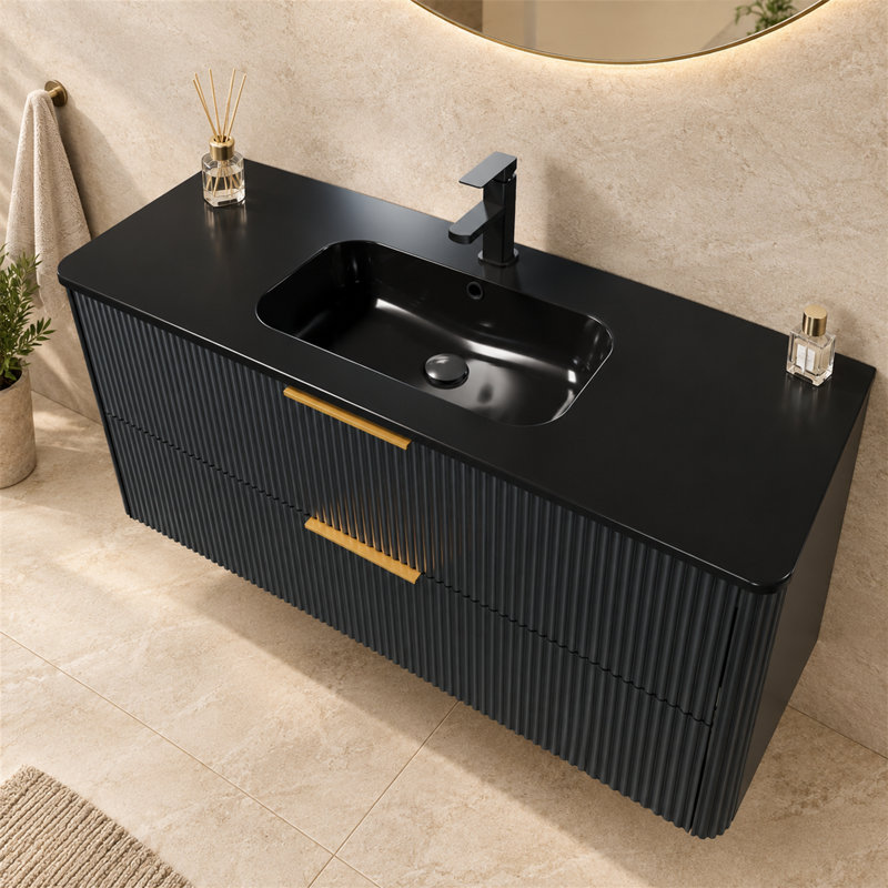 Plan de toilette intégré de 122 cm (48 po) avec trop-plein, robinet monotrou non inclus, grand angle en R, Black