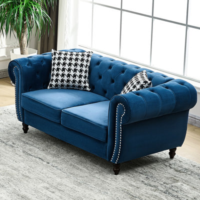 Blue 65" Mid Century Modern 2 Seater With Velvet Upholstery, Roll Armrest, Nailhead, Solid Wood Frame, Spring Packs And High - Density Foam, For Apartment In Rolled Arms, Pine Wood, Medium Soft Seat,