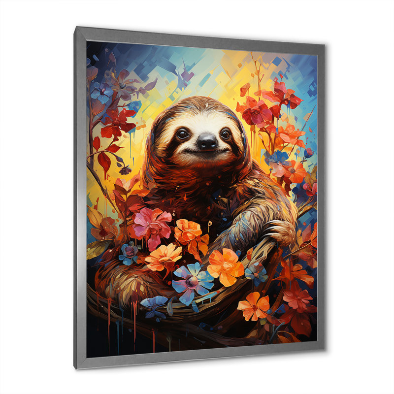 Décoration murale fleur de paresseux - paresseux, Cadre simple argenté, H 32 po x l 24 po x P 1 po