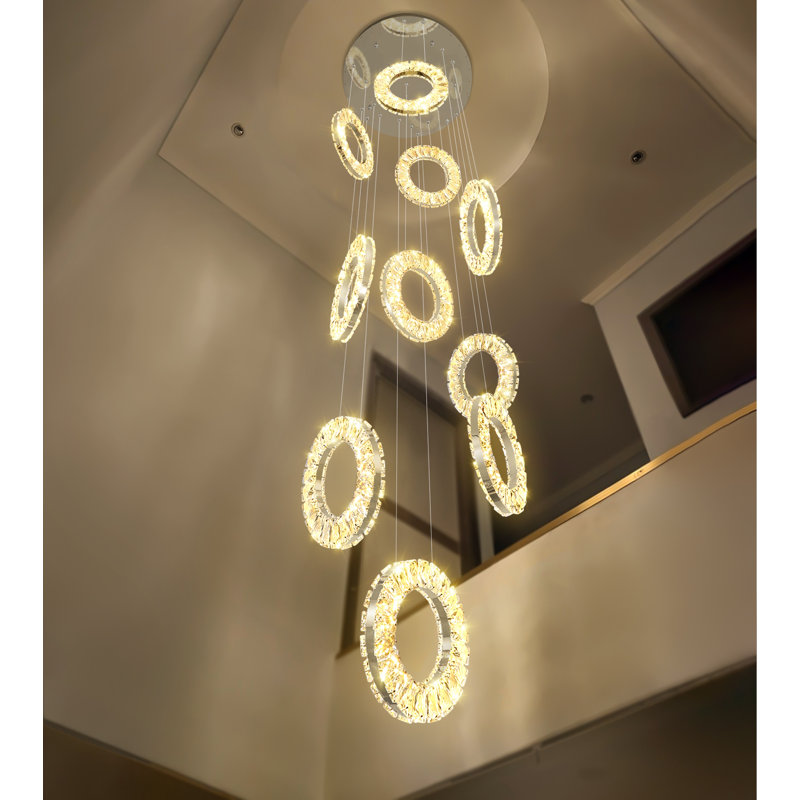 Lustre en cristal 10 lumières à anneaux de plafond hauts - Lustre glamour pour escalier