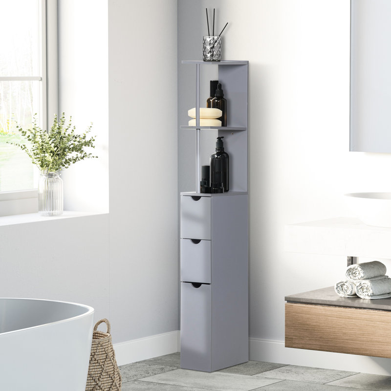 Armoire de salle de bain grise de 54 po de hauteur. 2 tablettes et 2 tiroirs. Autoportante et peu encombrante. Support de structure solide. Support mural supplémentaire. Rangement pour serviettes. L 13 po x H 52,99 po. Poids: 22 lb. Assemblage requis