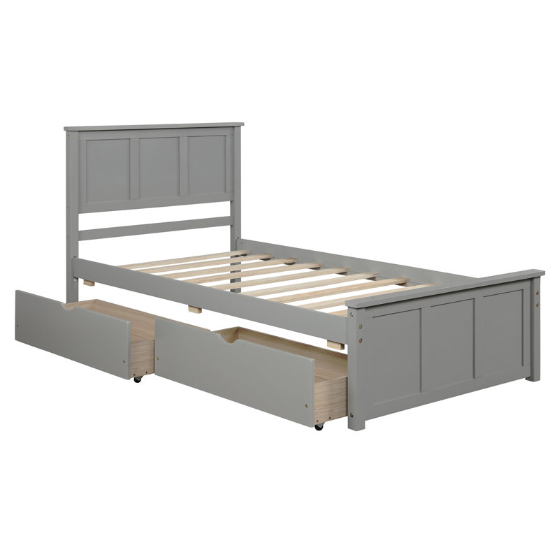 Lit plateforme avec rangement, 2 tiroirs avec roulettes, structure simple, Gris