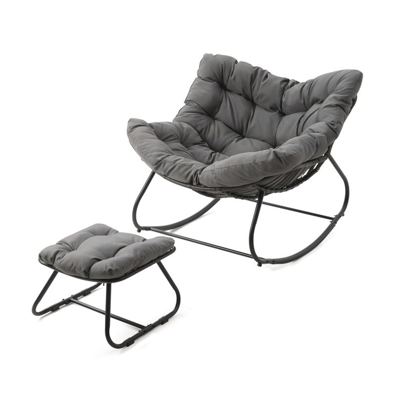 Egg Rocking Chair With Ottoman, All-Weather Wicker Lounge & Cushions, Gray