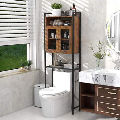 Over The Toilet Storage Cabinet, 5-Tier Bathroom Space Saver W/2 Metal Mesh Doors & 3-Position Adjustable Shelf, Freestanding Storage Cabinet W/Heavy Duty Metal Frame (Rustic, Brown)