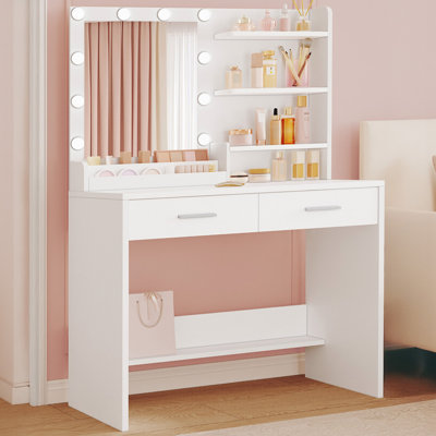 Dressing Table with Mirror, Vanity Desk with LED Lighting, Adjustable Brightness, 2 Drawers, 4 Open Shelves and 2 Compartments, Bedroom Makeup Desk, White 