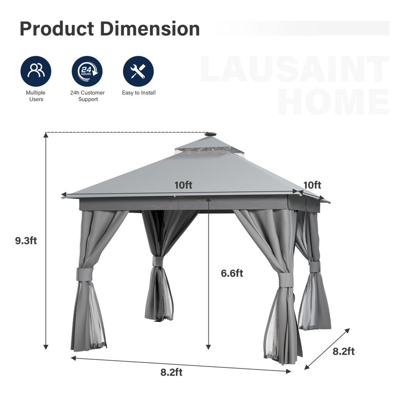 Pavillon de jardin en acier, 10 pi. X 10 pi avec lumières DEL, gris
