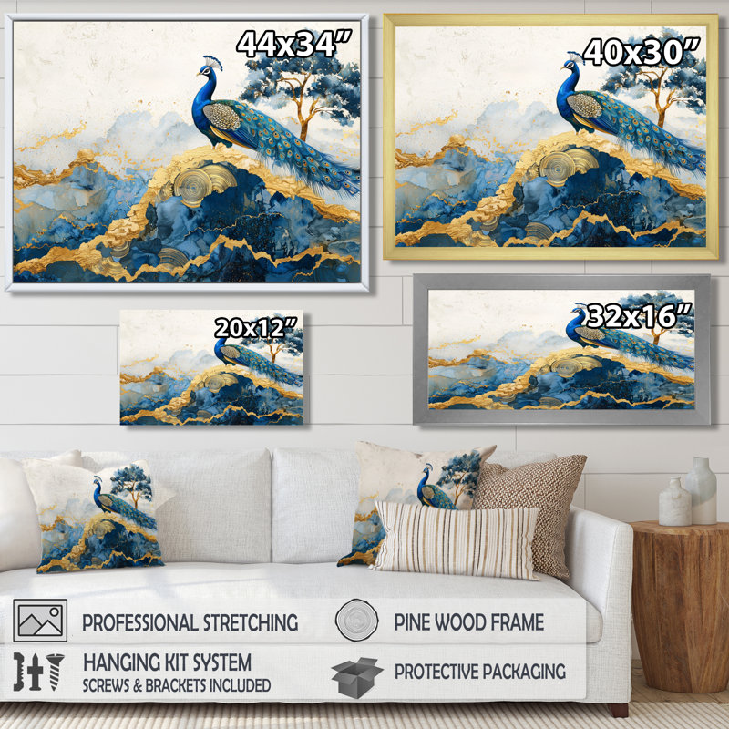 «Hardage Golden Aqua and Agate Peacock Landscape III», art mural sur toile paon, H 30 po x l 40 po, Brun
