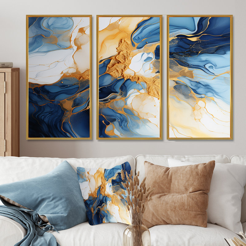 Ensemble de salon Vibrant Ocean Dreams - Abstract Modern Waves, Cadre flottant doré, H 32 po x l 48 po x P 1 po