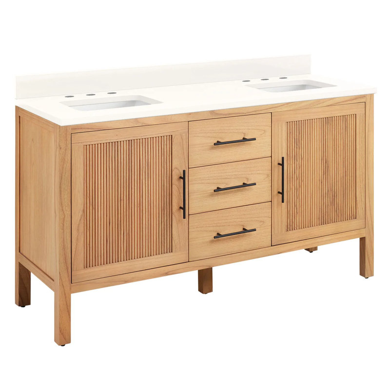 60" Natural Wood Double Bathroom Vanity with Arctic White Quartz Top