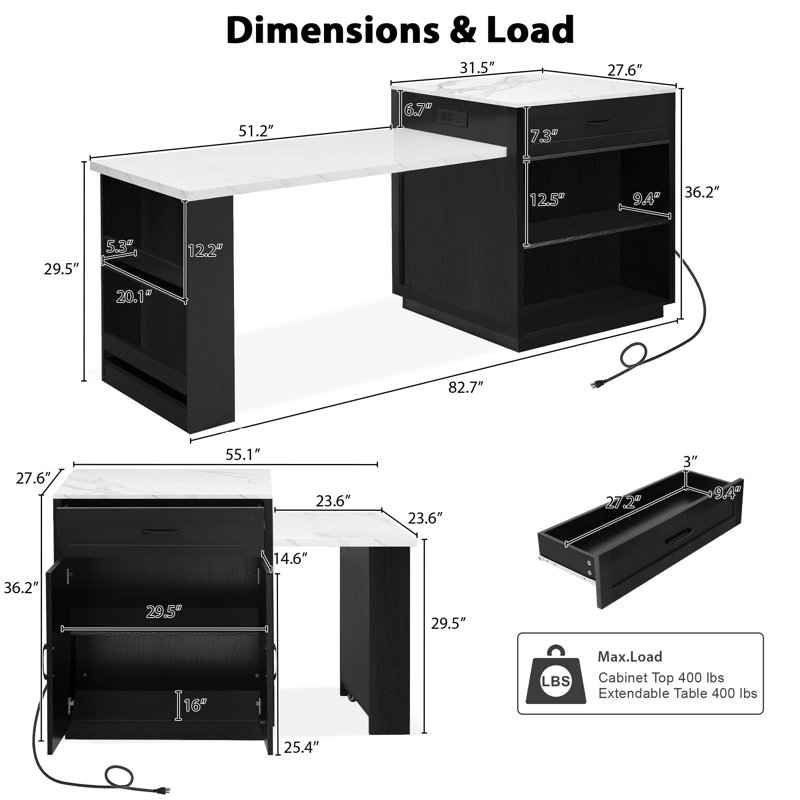 Multifunctional Kitchen Island With Extendable Table, Built-In Power Outlet, And Adjustable Shelves For Small Kitchens, Black