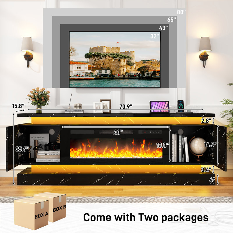70" Fireplace Tv Stand With 40" Electric Fireplace – Modern Media Console With Dual Led Lights & Built-In Power Outlet For Tvs Up To  65/75/80 Inch Tvs, High Gloss Gaming Entertainment Center,  For Living Room