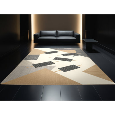 Tapis géométrique beige d'inspiration mondiale Aedan Satay