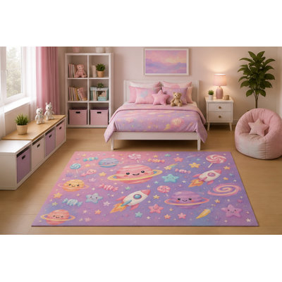Tapis de bonbon rose «Ultra Léger» 5 pi x 7 pi Planètes mignonnes Kawaii Étoiles fusées Chambre de chambre à coucher Décor pour salle de jeux pour filles Chambre d'enfant Revêtement en silicone antidérapant à poils courts