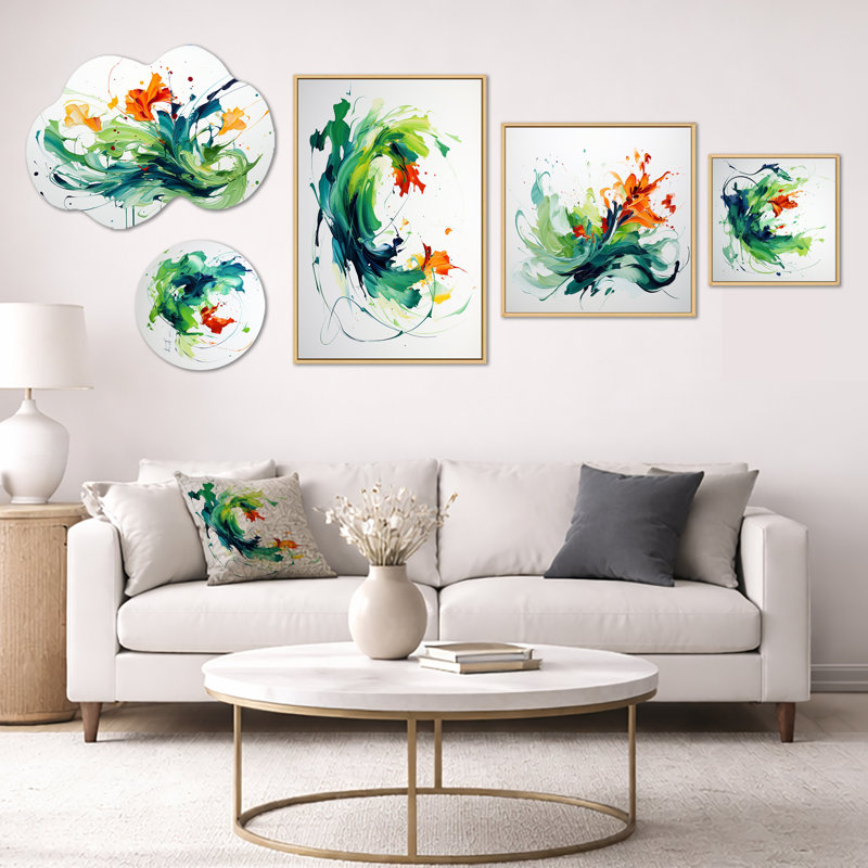 Green & White Expression Painting I – Oversized Abstract Wall Art, Metal and Canvas 5 Panel Set (100" x 40")