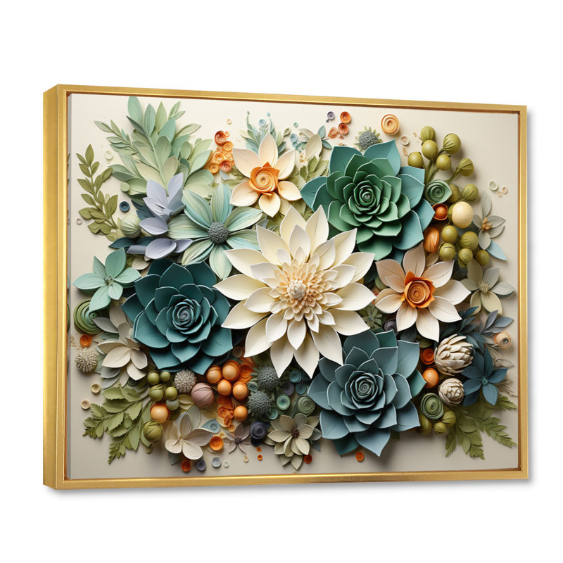 Plantes vertes succulentes sereines - Art mural, H 12 po x l 20 po x P 1 po, Reproduction avec cadre flottant, Doré
