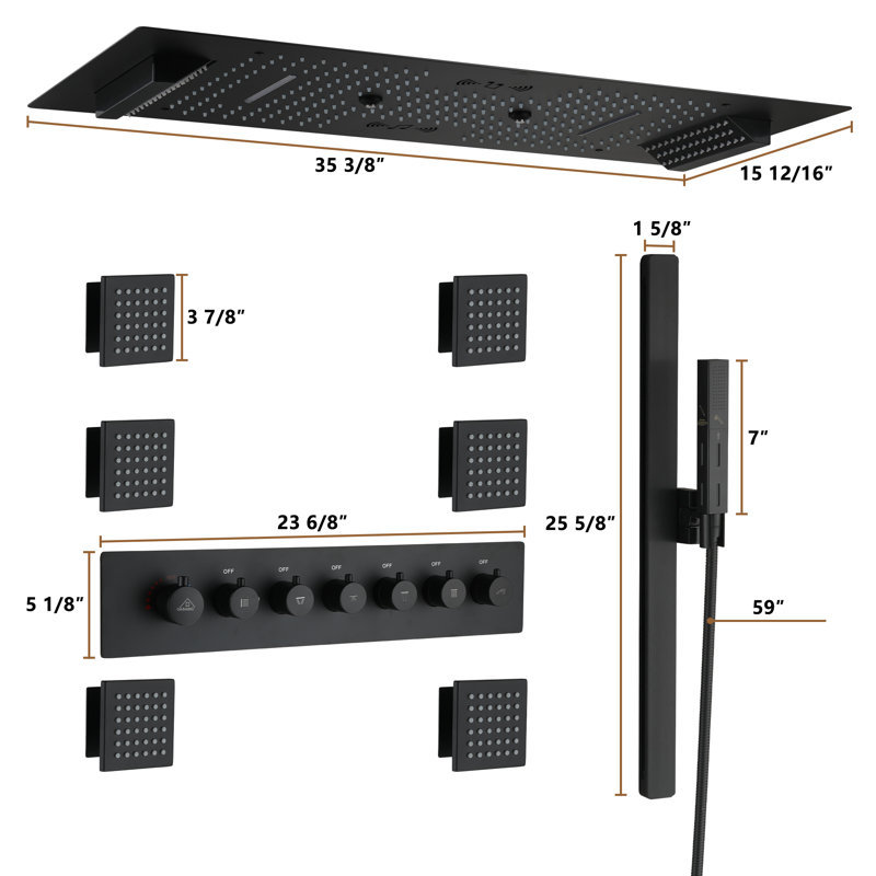 Rodeo 36-Inch LED & Music Rainfall Thermostatic Shower System with Slide Bar and 2-in-1 Handheld, Matte Black