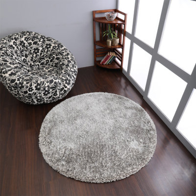 Camarato Hand Tufted Shag Polyester Eco-Friendly Area Rugs - Round, Gray White Color, Plain Solid Design, High Pile Thick Handmade Anti Skid Area Rugs for Living Room, Bed Room