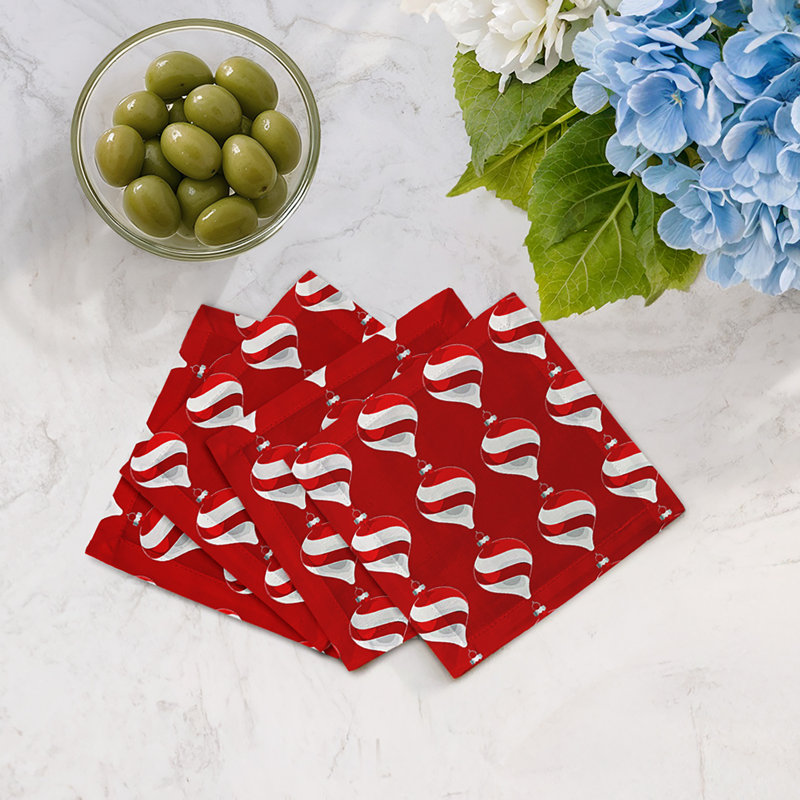 Xmas Ornament Cotton Sateen Cocktail Napkins, Red