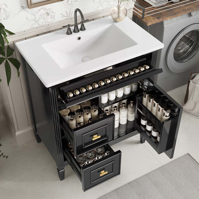 30" Bathroom Vanity with Sink, Bathroom Vanity Cabinet with One Flip Drawer and Two Drawers, Adjustable Shelf, Black